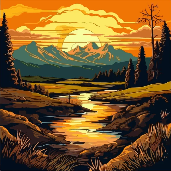 Schöner Sonnenuntergang Einer Wunderschönen Bergwelt — Stockvektor