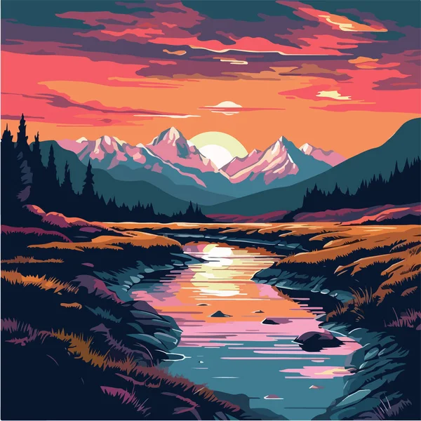 Berglandschaft Sonnenuntergang Berge Und Fluss — Stockvektor