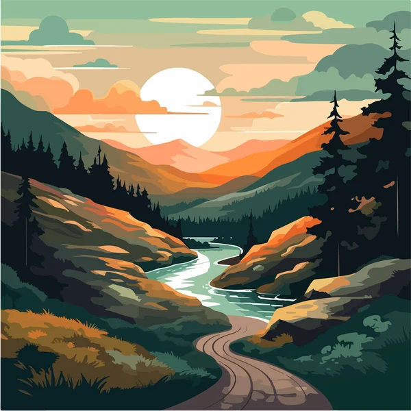 stock vector landscape with mountain river and forest 