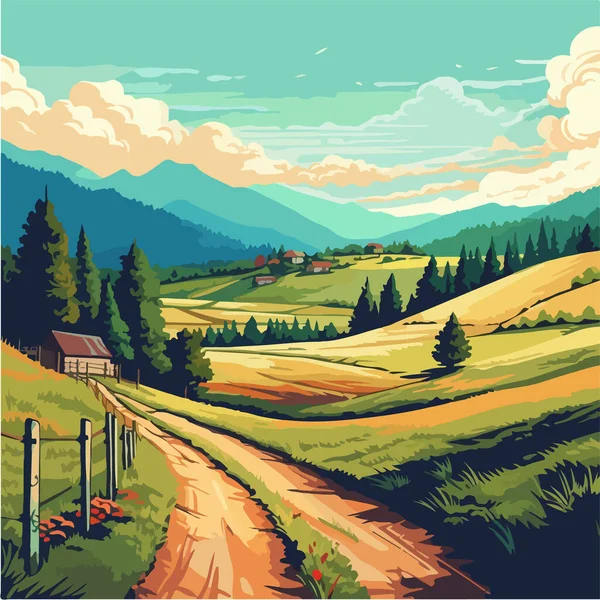 stock vector landscape with mountains, road and forest 