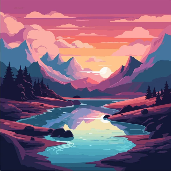 Beautiful Sunset Landscape Mountains — Vector de stock