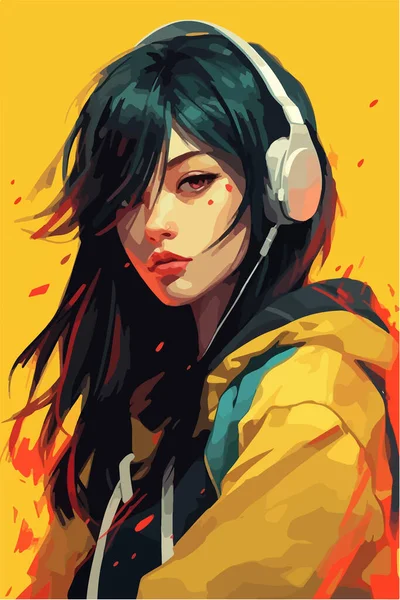 Vektor Ilustrasi Seorang Gadis Dengan Rambut Merah Dan Mata Kuning - Stok Vektor