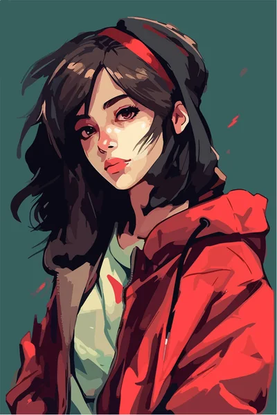 Retrato Mujer Joven Sombrero Rojo Negro Con Labios Rojos Ilustración — Vector de stock