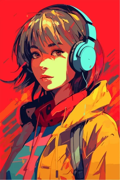 Young Girl Red Jacket Headphones — Stock Vector