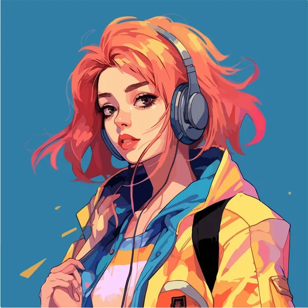 Young Girl Headphones Vector Illustration Art Dark Background — Stock Vector