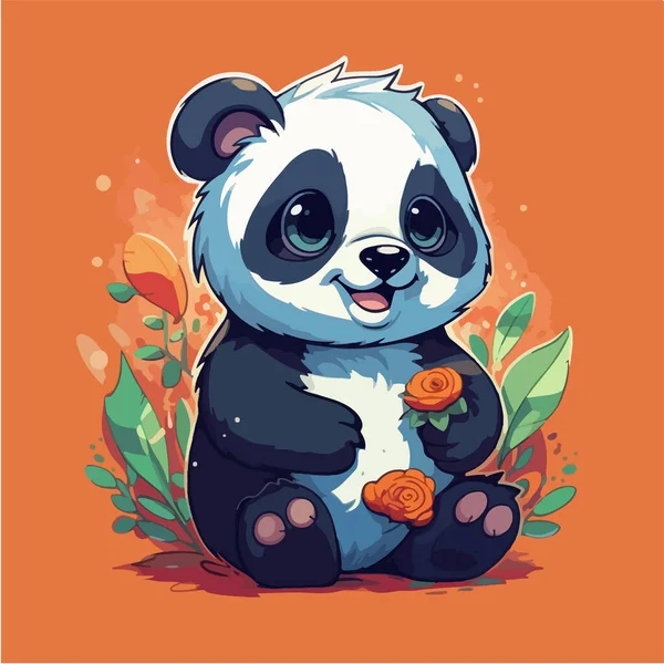 Mignon Panda Dessin Animé Avec Des Fleurs — Image vectorielle