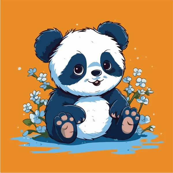 Lindo Panda Pequeño Con Flores — Vector de stock