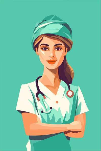 緑のコートを着た女性看護師 平面ベクトル図 — ストックベクタ