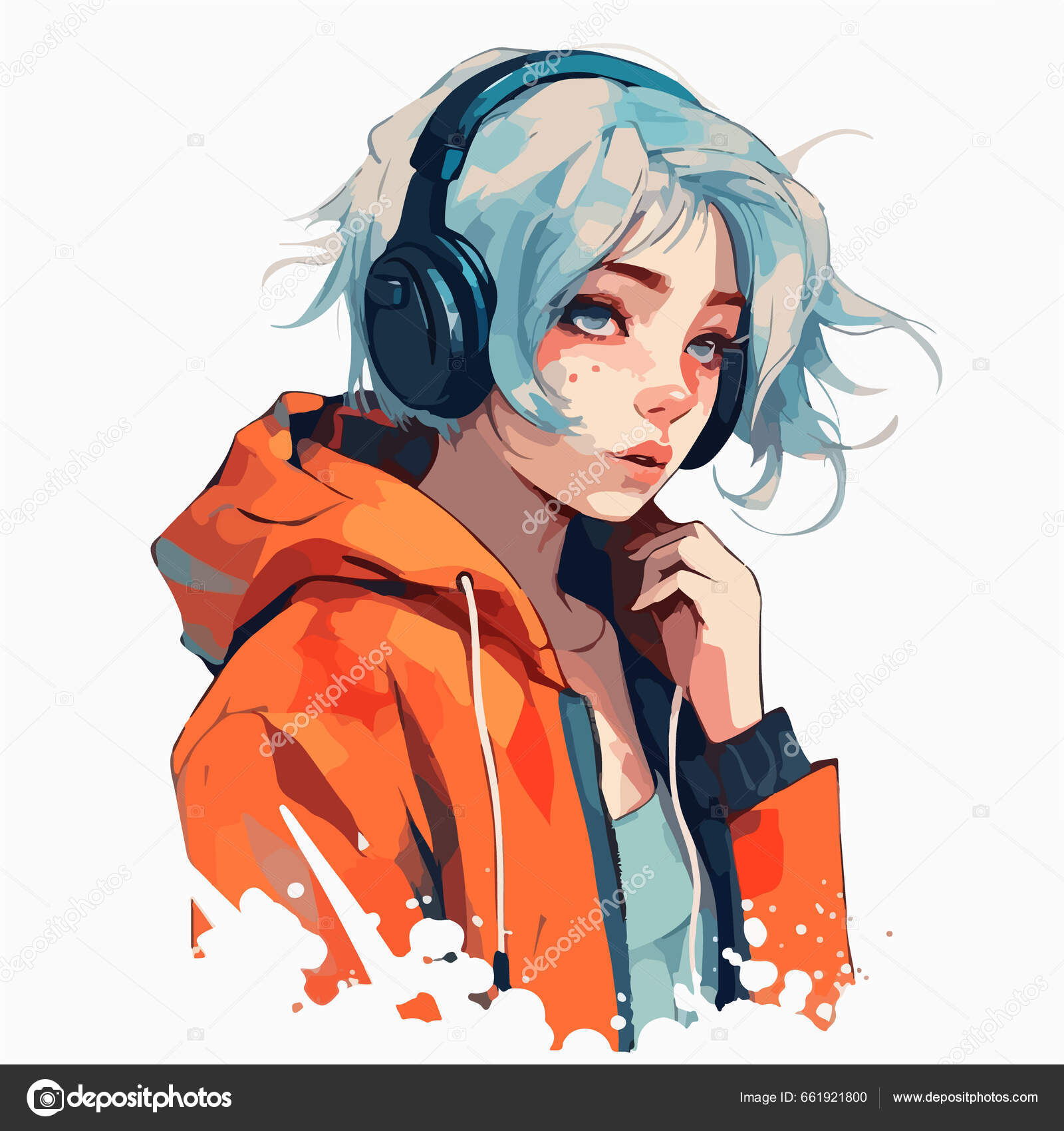 Cute Anime Girl with Headphone Digital Art Stock Illustration