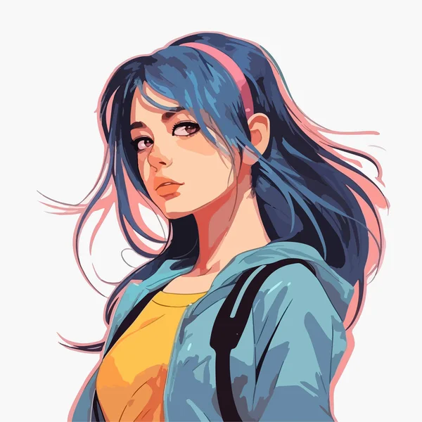青いシャツを着たアニメの若い女性 — ストックベクタ