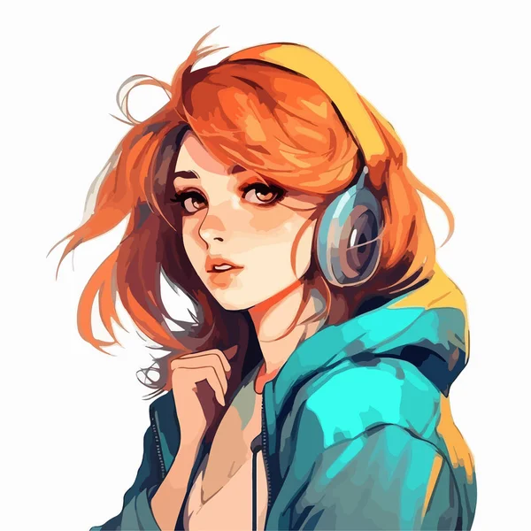 Anime Porträt Eines Mädchens Mit Roten Haaren Mode Illustration — Stockvektor