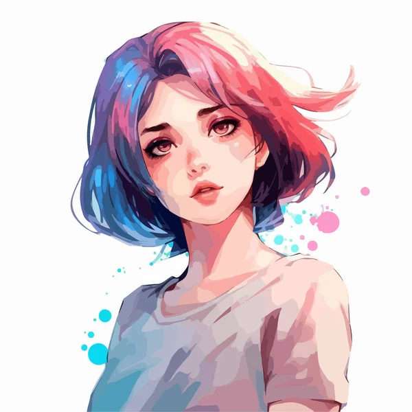 Anime Beautiful Girl Colorful Hair — Stock Vector