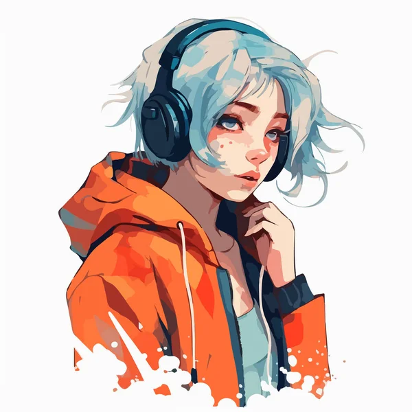 Anime Süßes Mädchen Einer Blauen Jacke — Stockvektor