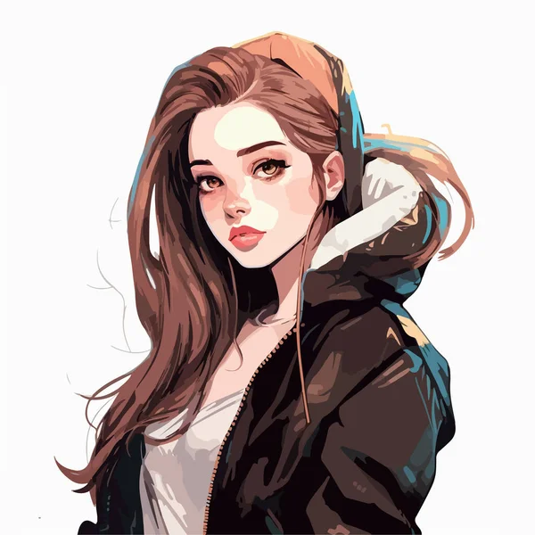 Anime Mujer Joven Con Ropa Negra Dibujo Arte — Vector de stock