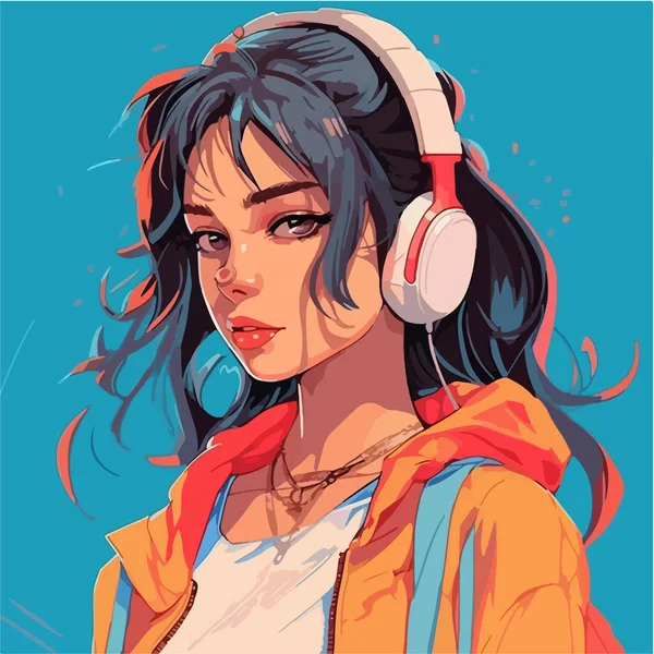Anime Schöne Mädchen Kopfhörern — Stockvektor