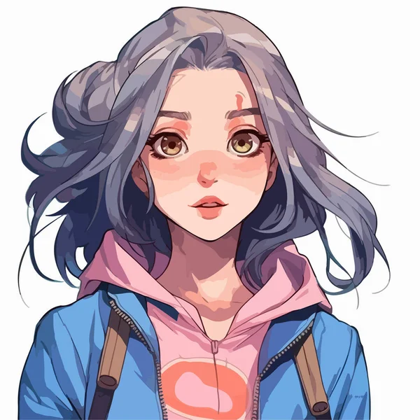 Anime Schöne Junge Mädchen Mit Langen Haaren Einem Blauen Pullover — Stockvektor