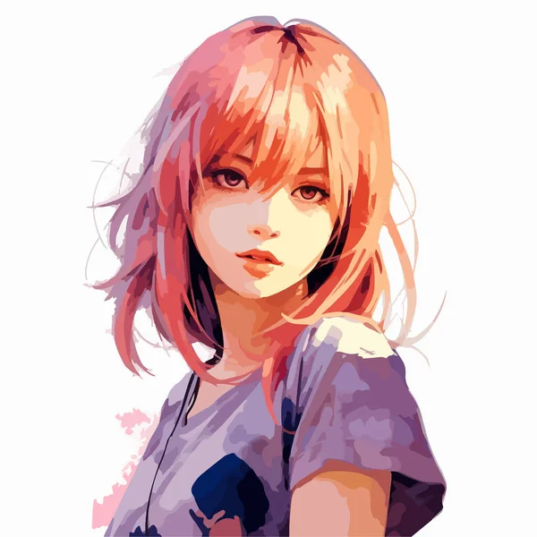 Anime Porträt Eines Schönen Mädchens Rosa Hemd — Stockvektor