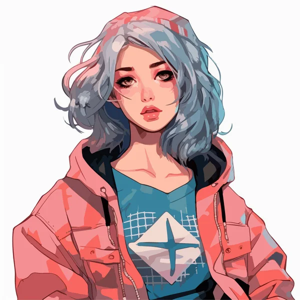 Anime Mädchen Blauer Jacke Und Roten Haaren Vektor Illustration Kunst — Stockvektor