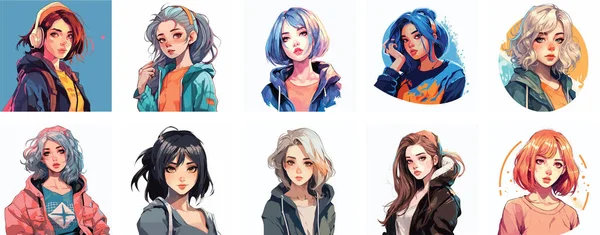 Ilustração Vetorial Anime Conjunto Meninas Bonitos Meninas Cores Diferentes — Vetor de Stock