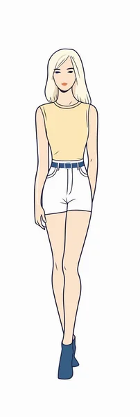 Cartoon Girl Skirt Long Blonde Hair White Shirt Vector Illustration — Stock Vector