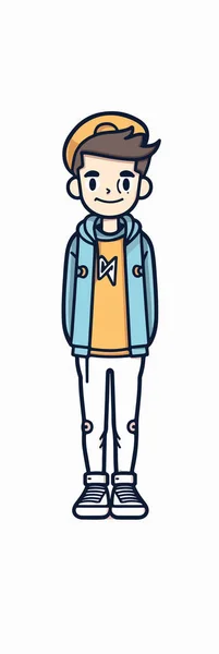 可爱的小男孩站在学校前面 漫画中的矢量插图 — 图库矢量图片