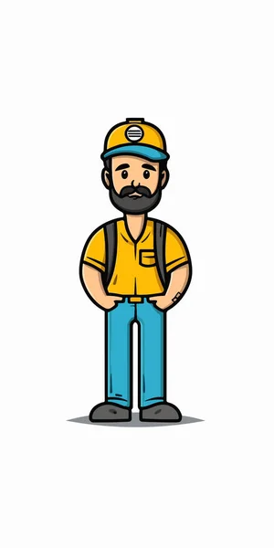 帽子と制服を着た漫画労働者のキャラクターのベクトルイラスト — ストックベクタ