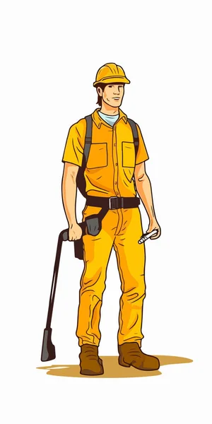 ハードハットの建設労働者とレンチ付きのハードハット ベクトルイラスト 孤立した漫画風 — ストックベクタ