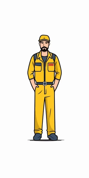 노란색 작업복을 수염을 기르는 노동자 만화에 나오는 일러스트 — 스톡 벡터