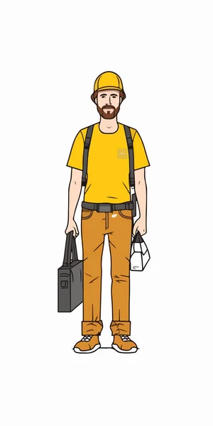 Worker Man Beard Yellow Cap — Stock Vector