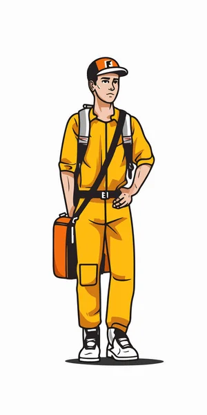 Young Male Traveler Uniform Backpack Binoculars — Stock Vector