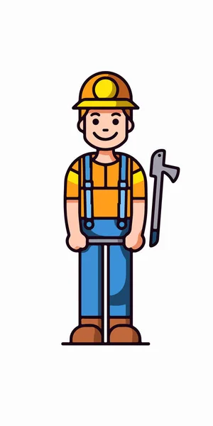 Vektor Cartoon Figur Eines Bauarbeiters Mit Schraubenschlüssel Und Hammer Und — Stockvektor