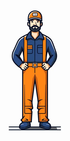 Worker Man Overalls Arms Crossed Cartoon Flat Style Vector Illustration — Stock Vector