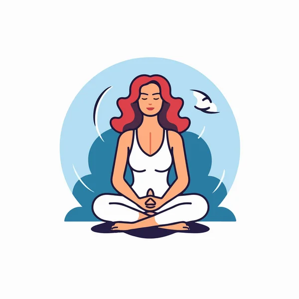 Mujer Meditación Posan Posición Loto — Vector de stock