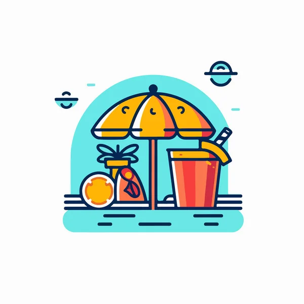 stock vector vector flat illustration of a beach, umbrella and sun, sun and tropical plants in the sun. summer vacation. 