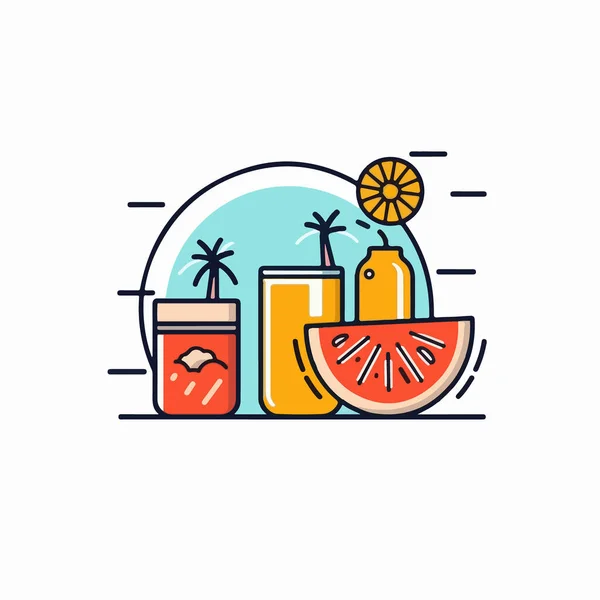 Καλοκαιρινό Σετ Παραλία Τροπικά Φρούτα Καρπούζι Τροπικό Φύλλο — Διανυσματικό Αρχείο