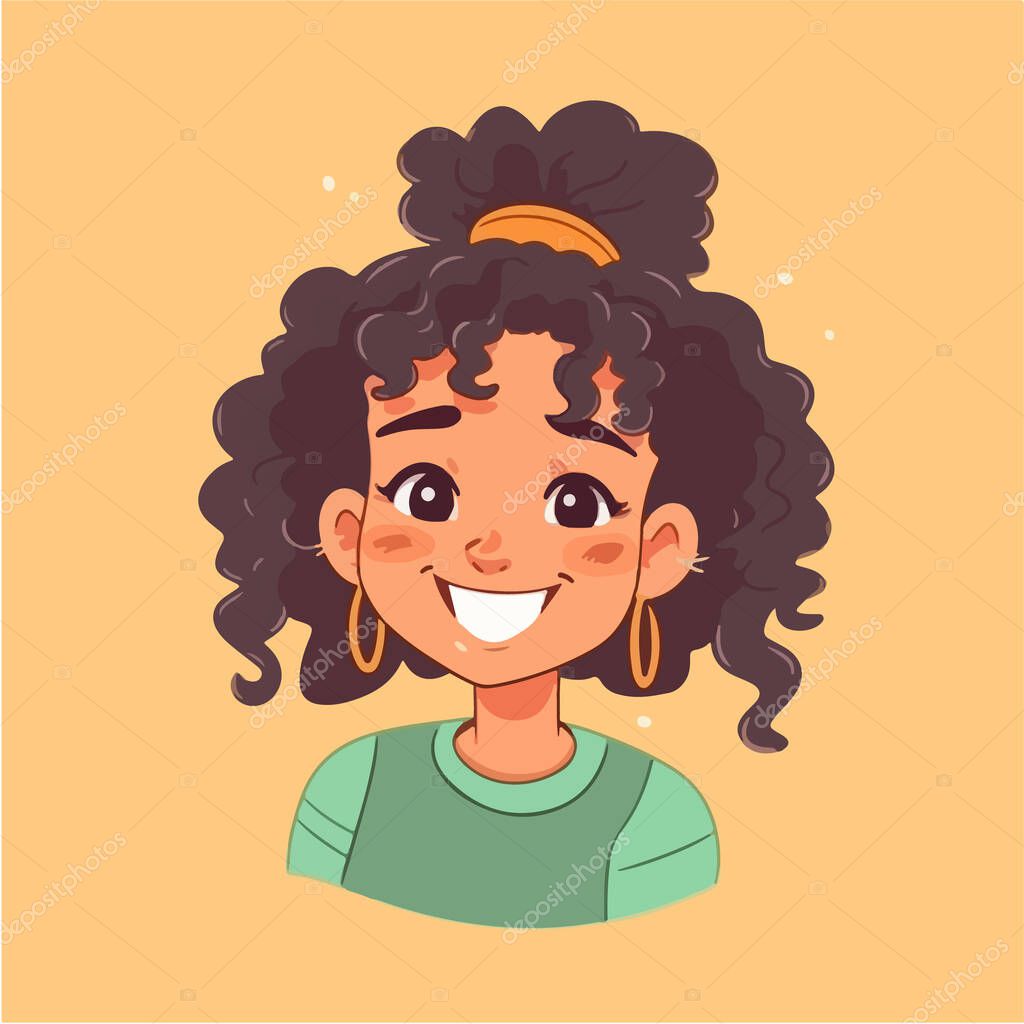 Kıvırcık Saçlı Gülümseyen Gülen Sevimli Bir Çizgi Film Kızı Kız  ©nadunprabodana 661938878e ait Stok Vektör