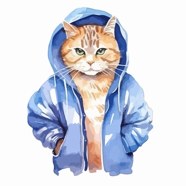 Niedliche Katze Jacke Und Jeans Aquarellillustration — Stockvektor