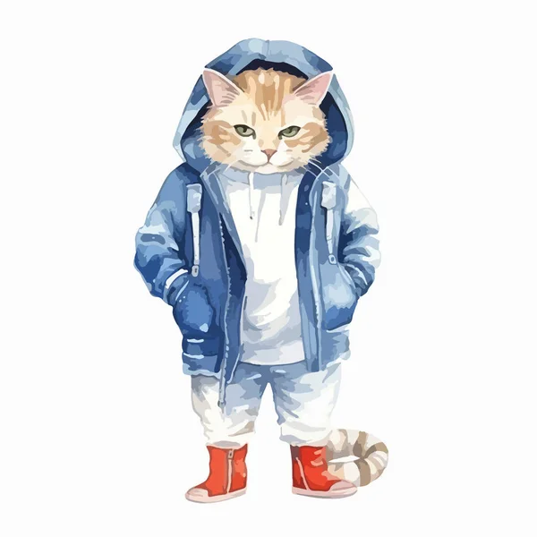 かわいい猫にジャケットとキャップが水彩プリントされています 白い背景に隔離され — ストックベクタ