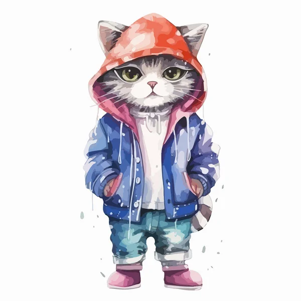 Roztomilý Karikatura Kočka Akvarel Oblečení — Stockový vektor