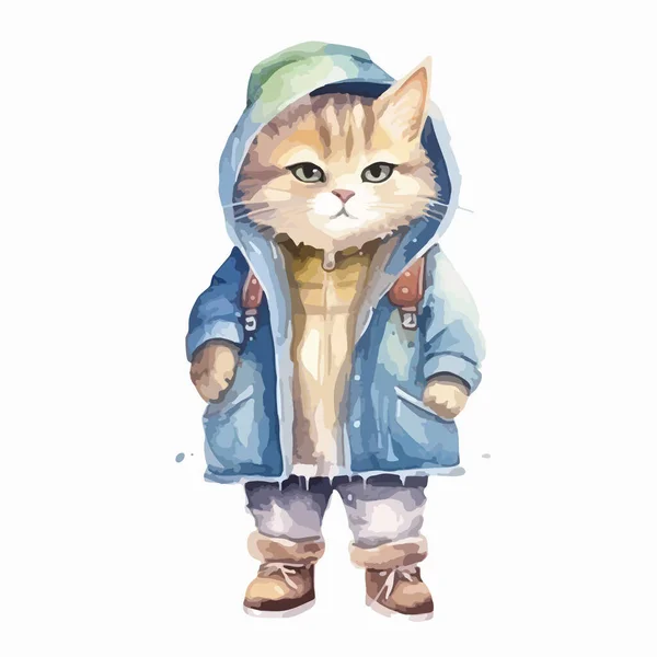 猫とかわいい漫画の動物 水彩イラスト — ストックベクタ