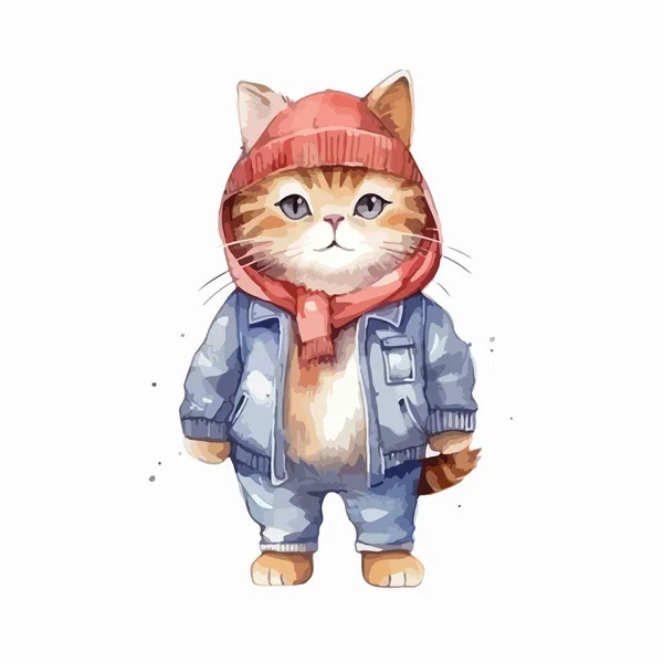 穿着夹克和围巾的水彩画可爱的猫 动物指纹 T恤衫 — 图库矢量图片