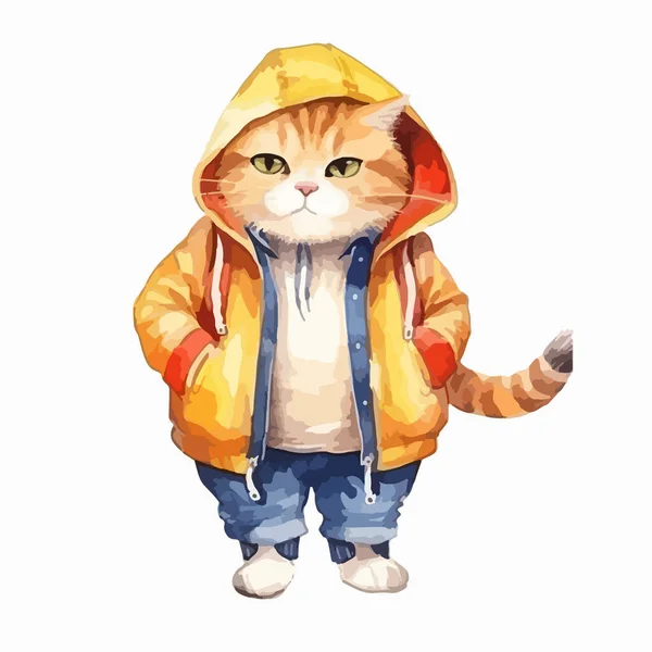 ジャケットと帽子の中の水彩猫 動物イラスト — ストックベクタ