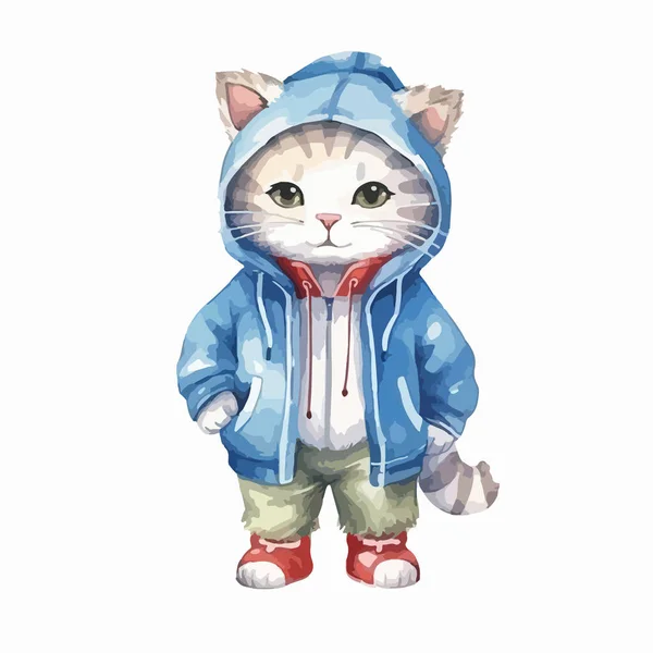 ジャケットとジーンズの可愛い猫 動物のイラスト 子供服 — ストックベクタ