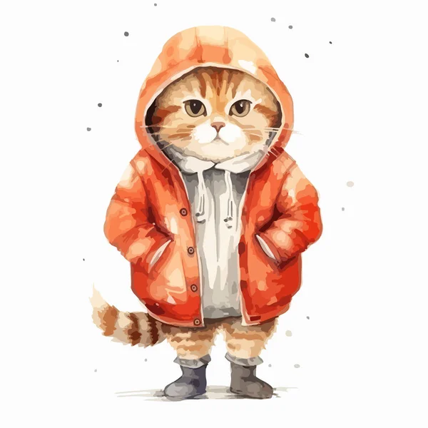 水彩コートにかわいい猫 動物イラスト 手描き — ストックベクタ
