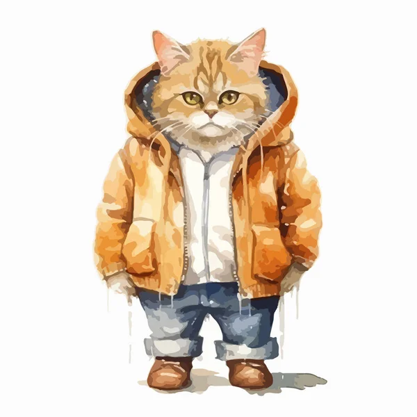 Niedliche Aquarell Katze Trägt Jacke — Stockvektor