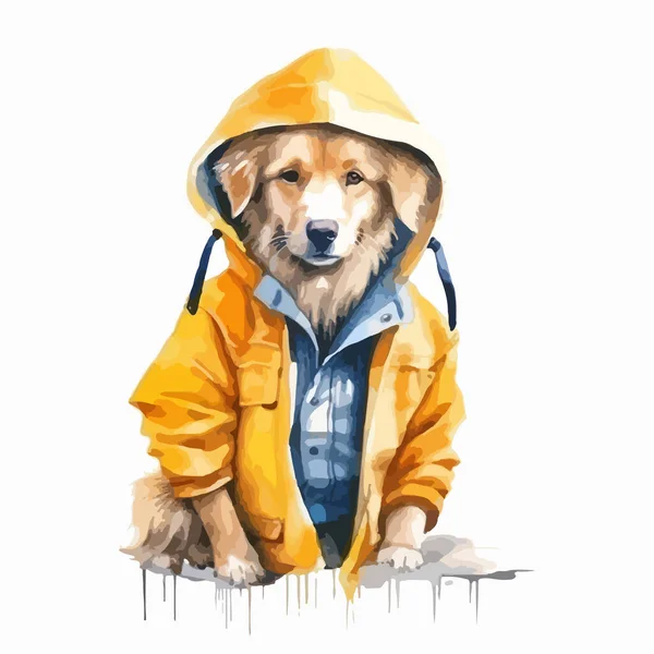 狗穿着黄色的夹克 夹克和帽子 水彩画 — 图库矢量图片