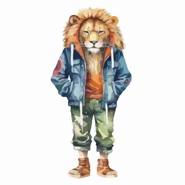 革のジャケットとジーンズのかわいい野生ライオン — ストックベクタ