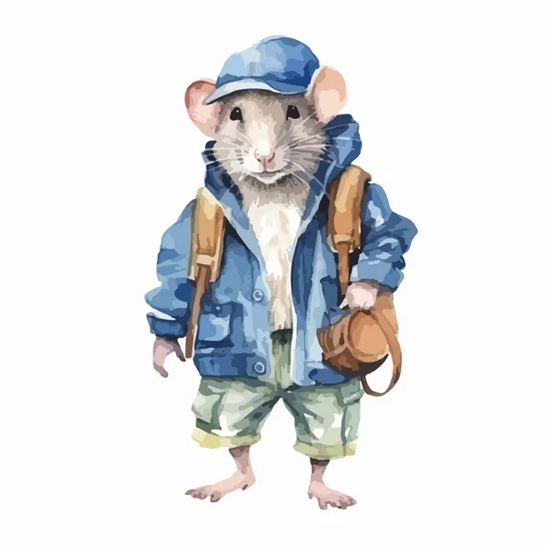 Malá Myška Batohu Akvarel Styl Ilustrační Sada Izolovaným Pozadí Ilustrace — Stockový vektor