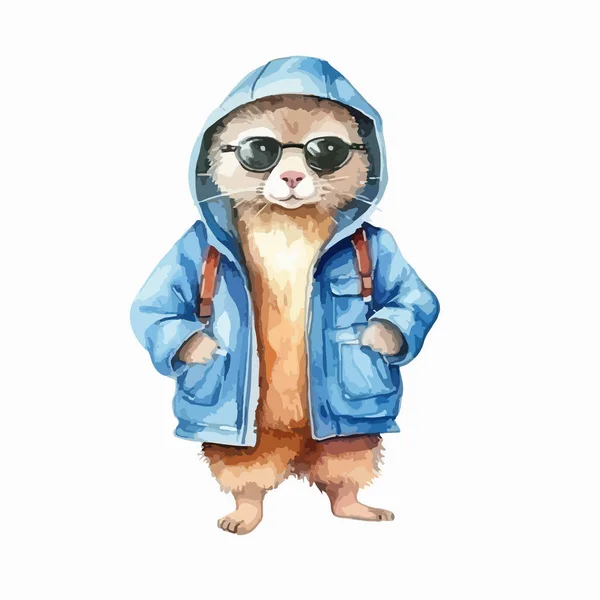 戴着太阳镜 夹克和夹克的水彩画可爱的动物熊 — 图库矢量图片