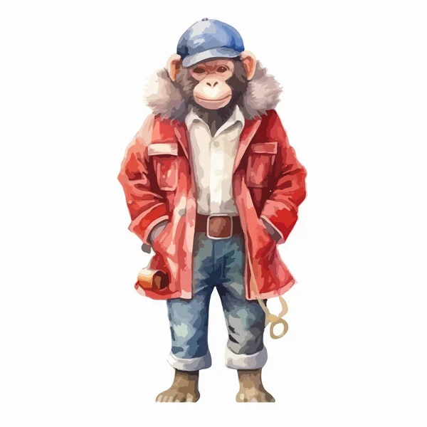 Akvarel Opice Helmou Opice Opice Zvíře — Stockový vektor